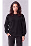 Women's Black Crew Neck Soft Puff Fabric Casual Comfortable Sweatshirt - 2
