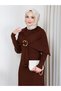Women's Cloak with Pleated Detail and Brooch Detail Long Knitted Dress - 2