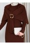 Women's Cloak with Pleated Detail and Brooch Detail Long Knitted Dress - 4