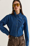 Women's Dark Blue Asymmetrical Collar Buttoned Oversize Denim Shirt 2706 60286618 - 6