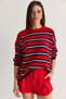 Women's Red-Navy Blue Striped Crew Neck Oversize Knitwear Sweater Tk261149 60286607