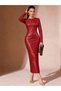 Women's Long Sleeve Crew Neck Fitted Bodycon Long Leather Dress, Special and Stylish Design - 2