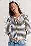 Women's Cream-Grey Striped Buttoned Crew Neck Knitwear Cardigan Th261005 60286610 - 5