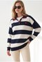 Women's Stone Navy Blue Collar Detailed Heart Embroidered Polo Collar Knitwear Sweater Kzk-19001150 - 3