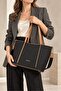 Women's Hand and Shoulder Bag with Double Straps and Cross-Zipper, Large Tote, Black-Tan