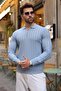 Baby Blue Zippered Polo Collar Textured Men's Knit Sweater E7523