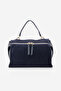Women's Genuine Leather Suede Textured Zippered Long Strap Hand and Shoulder Bag Urelis Navy Blue Suede - 3