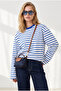 Women's Saks Blue White Striped Spanish Sleeve Slim Sweatshirt Swt-19000811 - 4