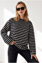 Women's Black and White Striped Spanish Sleeve Slim Sweatshirt Swt-19000811