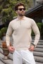 Stone Color Zippered Polo Collar Textured Men's Knitwear Sweater E7523