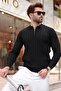 Black Zippered Polo Collar Textured Men's Knitwear Sweater E7523