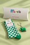 Green and White Checkered Unisex Socks and Elephant Keychain Gift Set in a Special Box