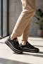 Black Leather Thick Comfortable Sole Lace-Up Women's Casual Walking Shoes Sneaker 431173