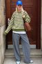 Oil Green Striped Crew Neck Oversize Women's Sweater Mg2894