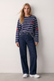 Women's Navy Blue Ribbed Crew Neck Oversize Striped Sweatshirt Alc-X15947 - 3