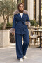 Women's Fur Detailed Belted Pocketed Dark Denim Blue Tunic Trousers Two-Piece Set - 4