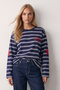 Women's Navy Blue Ribbed Crew Neck Oversize Striped Sweatshirt Alc-X15947