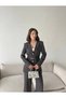 Feme- Gray Laser Cut Belted Blazer Jacket and Trousers Set - 4