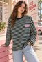 Women's 100% Cotton Yellow Striped Oversize Crew Neck Long Sleeve T-Shirt - 3