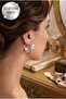 Brass Silver Color Zircon Stone Inlaid Detailed Hoop Model Earrings - 2