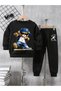 Round Neck Tiny Bear Rap Time Printed 100% Cotton Winter Boys' Pocketless Tracksuit Set - 2
