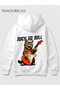 Rock&Roll Written Guitar Playing Cute Rocker Cat Written Back Printed Unisex 100% Cotton 3 Yarn Winter Hooded Kangaroo Pocket Basic Sweatshirt (Hoodie)