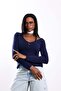 Navy Blue Ornamental Buttoned V-Neck Knitwear 6603 - 2