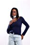 Navy Blue Ornamental Buttoned V-Neck Knitwear 6603 - 4