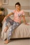 Cotton Combed Cotton Cat Printed Short Sleeve Crew Neck Striped Pajama Set - Powder - 3