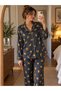 Anthracite Patterned Satin Women's Pajama Set |   Veyra Gold - 4