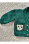 Hand Knitted Green Teddy Bear Detailed Boy's Cardigan with Soft Texture - 5