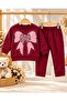 Baby Girl Cotton Bow Printed 2 Threaded Top and Bottom Two-Piece Set - 3