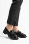 Untesa Belt Buckle Tasseled Women's Shoes Loafer Ballerina Black Croka