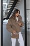 Dark Beige Nubuck Fur Collared Coat - 4