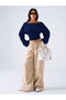 Metal Detailed Boat Neck Draped Long Sleeve Crop Blouse - 2