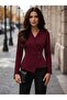 Women's Long Sleeve Double Breasted Collar Button Detailed Asymmetrical Cut Crepe Stylish Blouse - 3