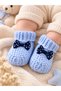3 Months Old Baby Boy Booties Hand Knitted Light Blue Navy Blue Polka Dot Bow Newborn Booties - 4