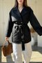 Short Buttoned Belted Black Trench Coat - 5