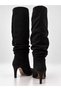 Women's Black Below the Knee Suede Pointed Toe 9 cm Thin Heeled Gathered Stylish Boots - 4