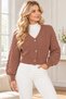 Women's V-Neck Long Sleeve Balloon Sleeve Woven Detailed Buttoned Stylish Soft Textured Casual Cinnamon Crop Knitwear Cardigan - 2