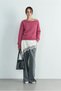Women's Pink Melange Boat Neck Soft Textured Knitwear Sweater