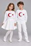 Turkish Flag Printed 23 April Ceremony T-Shirt - Children's Long Sleeve Combed Cotton M00876 White