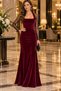 Women's Long Sleeve Square Neck Tulle Detailed Slit Long Velvet Evening Dress - 4