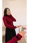 Heart Patterned Full Turtleneck Bodysuit with Finger Holes - Burgundy - 5