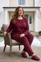 Women's Burgundy Patterned Long Sleeve Combed Cotton 100% Cotton Fabric Seasonal Pajama Set - 3