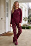 Women's Burgundy Patterned Long Sleeve Combed Cotton 100% Cotton Fabric Seasonal Pajama Set - 2