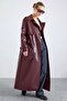 Apolet and Cape Detailed Snap Closure Long Leather Trench Coat Bordo 6877 - 3