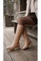 Women's Below the Knee Cream Heeled Shiny Detailed Zippered Leather Look Long Boots - 5