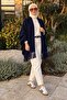 Liva Women's Tasseled Oversize Knitwear Poncho Navy Blue - 3