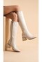 Women's Below the Knee Cream Heeled Shiny Detailed Zippered Leather Look Long Boots